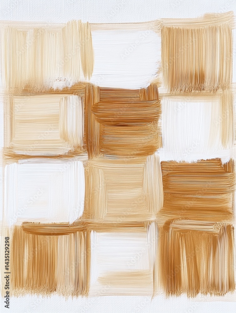 Poster abstract painting with square brushstrokes in white and brown tones on canvas texture creating a mod