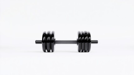 Fototapeta premium A black dumbbell with weight plates resting on a clean white surface, and minimalistic composition highlighting fitness and strength training equipment.