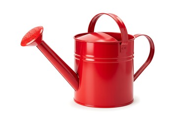 A red watering can on a neutral surface