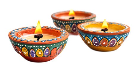 Painted Clay Diyas for Traditional Diwali Lighting - Isolated on White Background