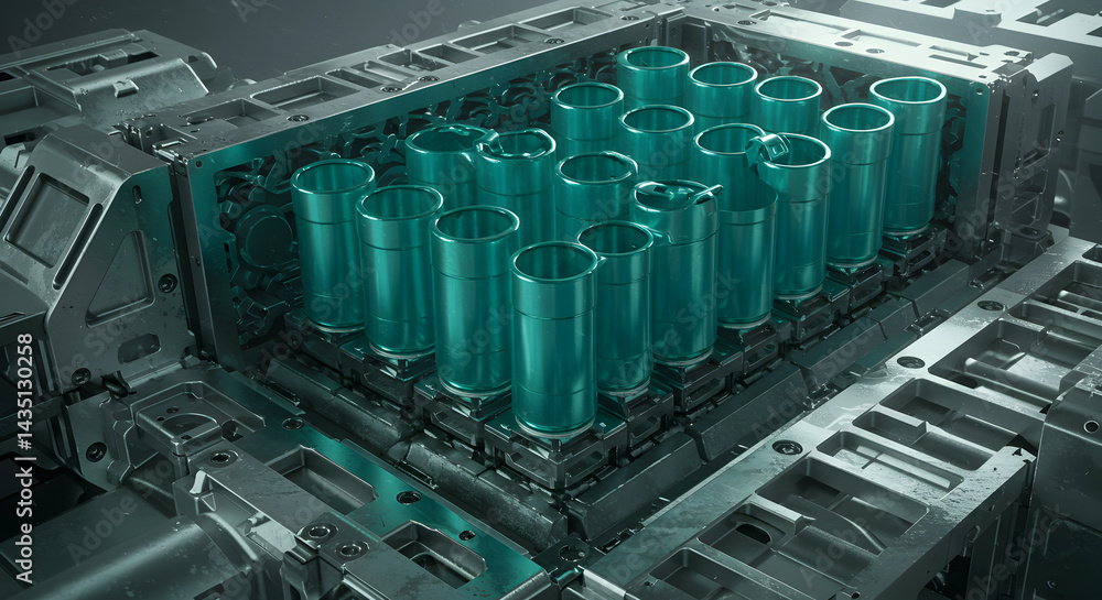 Poster abstract metallic structure with turquoise cylinders and complex geometric pattern