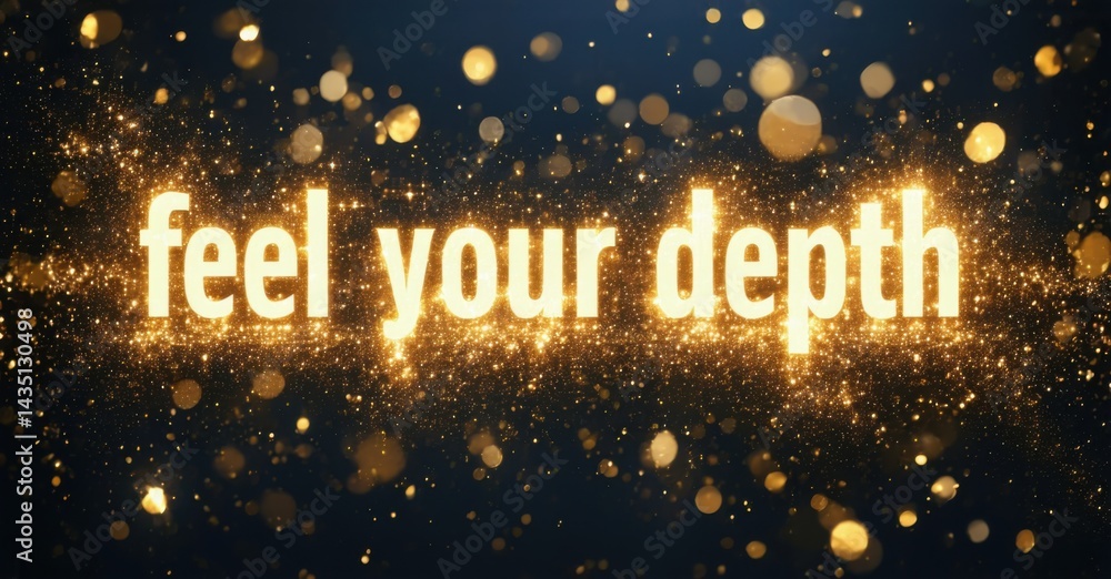 Aufkleber Sparkling gold text reads feel your depth over dark blue background. Glittering particles create luminous effect. Inspiring message.