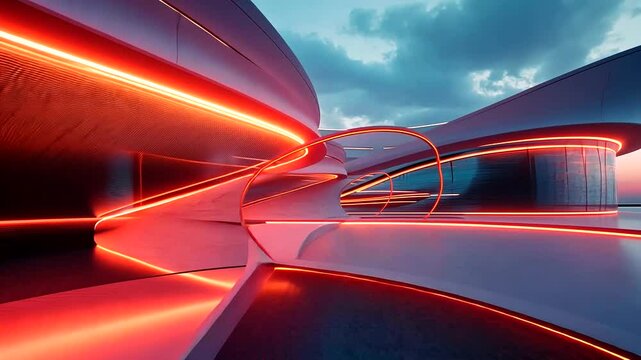 Modern architectural design with glowing lines at sunset