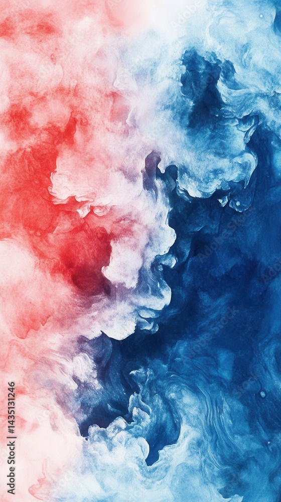 Poster abstract watercolor painting with vibrant red and blue hues creating a dynamic and artistic flow per