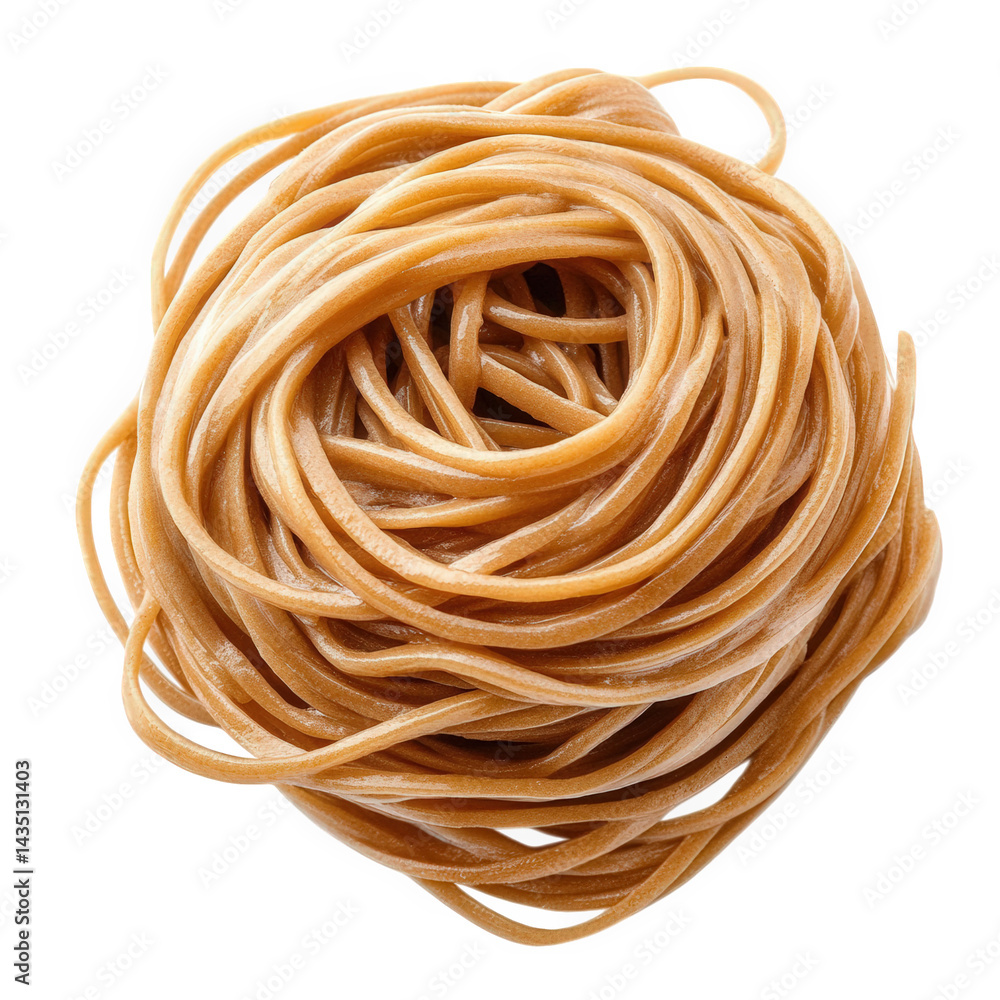 Poster tightly coiled bundle of uncooked pasta. showcasing its long. thin strands in a neutral background t