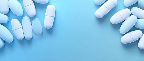 Serene pastel blue background showcasing white oval pills arranged at the top and bottom edges creating a central blank space ideal for medical or pharmaceutical designs