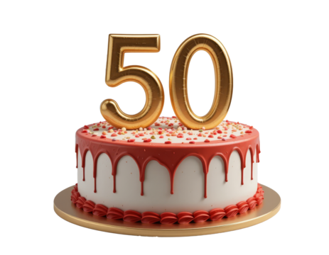 50th Happy birthday cake isolated on transparent background - PNG format. - Powered by Adobe