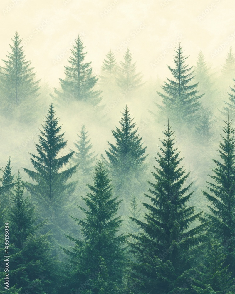 Poster misty pine forest with dense fog creating a serene and atmospheric scene showcasing nature's beauty 