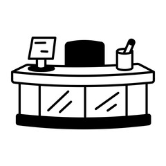 Reception desk with a computer monitor, sketchy style icon
