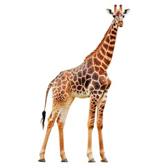 Naklejka premium Giraffe stands tall on a white background showcasing its unique patterns and height, Giraffe isolated on white background