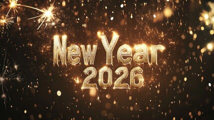 Happy New Year 2026 celebration. Sparkling golden text on dark background