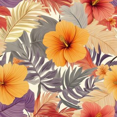 A seamless pattern with vibrant tropical palm leaves and hibiscus flowers, colorful and intricate, soft pastel tones 