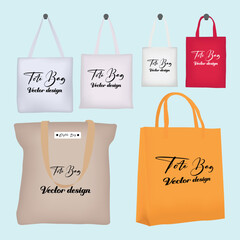 Collections of reusable eco friendly tote bag vector mock up design. A set of multicolor shopping bag arts and illustrations for grocery and supermarket business. Fashionable modern bags design.