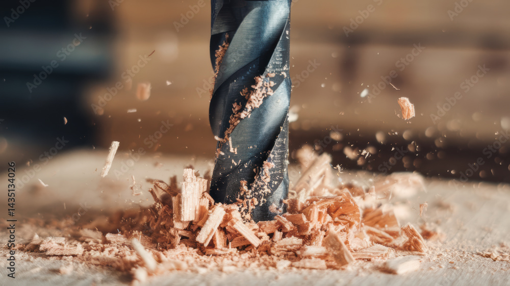 Poster drill bit cutting woodwork in workshop creating wood chips and dust flying around with close up view