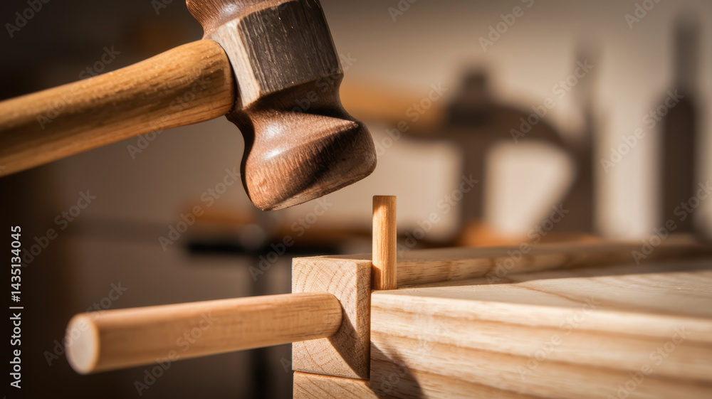 Poster woodwork tools in workshop with wooden mallet and dowel pins fitting into joint creating warm and sk