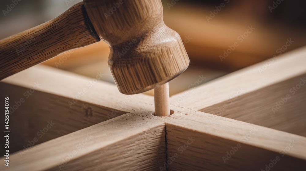 Poster woodwork in workshop shows wooden mallet tapping dowel into joint creating precise and skillful conn