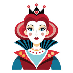 Alice in Wonderland Queen of Hearts clipart. The image shows a stylized depiction of the Queen of Hearts with a crown and a high collar. Vector illustration design.