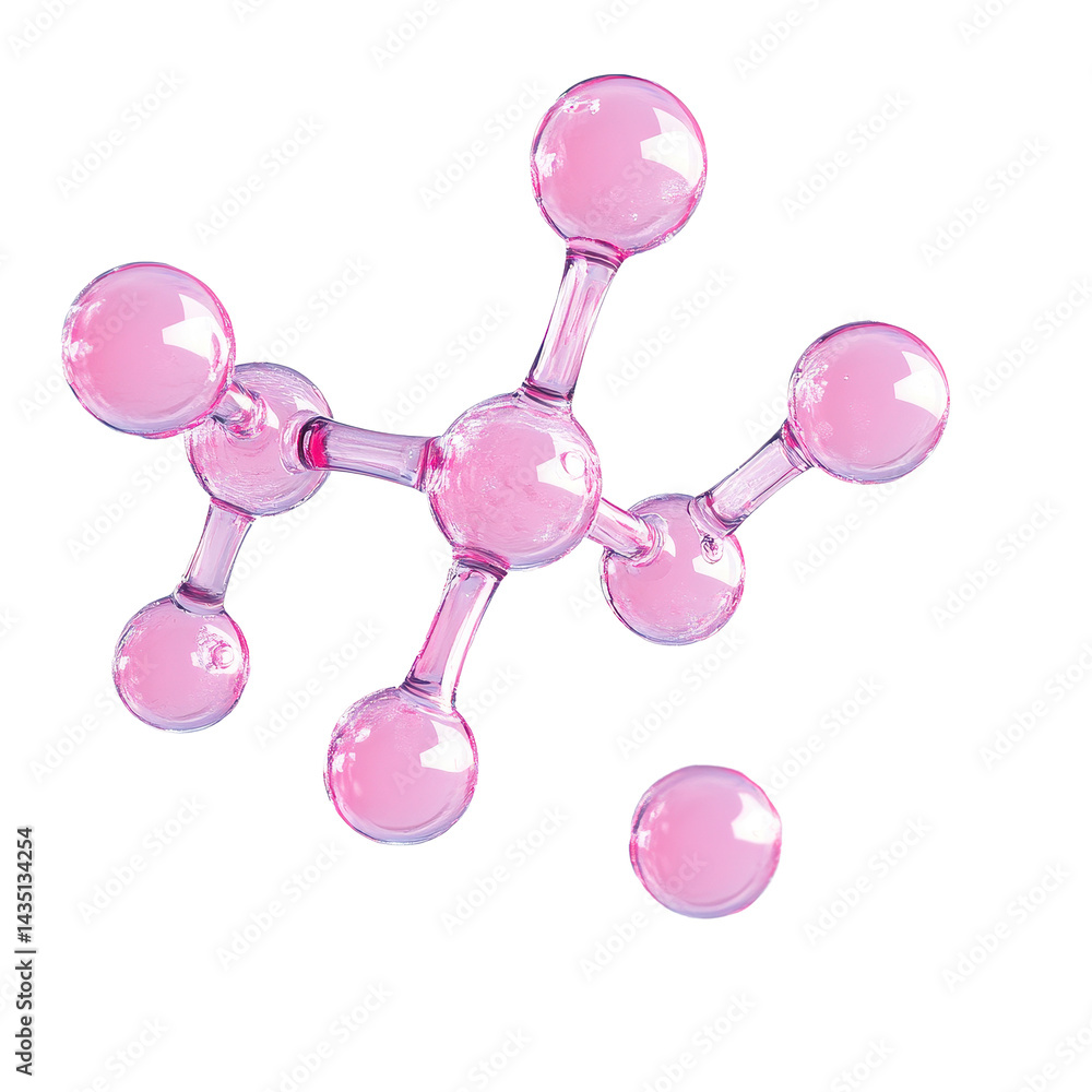 Poster molecule with pink bubbles floating on a transparent background illustrating chemical structure and 