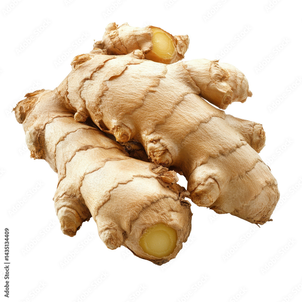 Poster fresh ginger root isolated on a clean white background highlighting its unique texture and color, gi