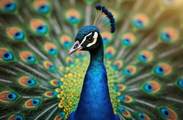 Obraz premium image of an Indian Peafowl (Peacock) with its magnificent tail feathers fully extended, displayed in all their vibrant glory
