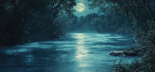 Moonlit river flowing through forest landscape serene environment