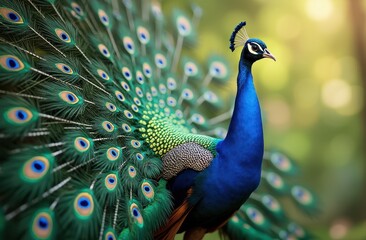 Fototapeta premium image of an Indian Peafowl (Peacock) with its magnificent tail feathers fully extended, displayed in all their vibrant glory
