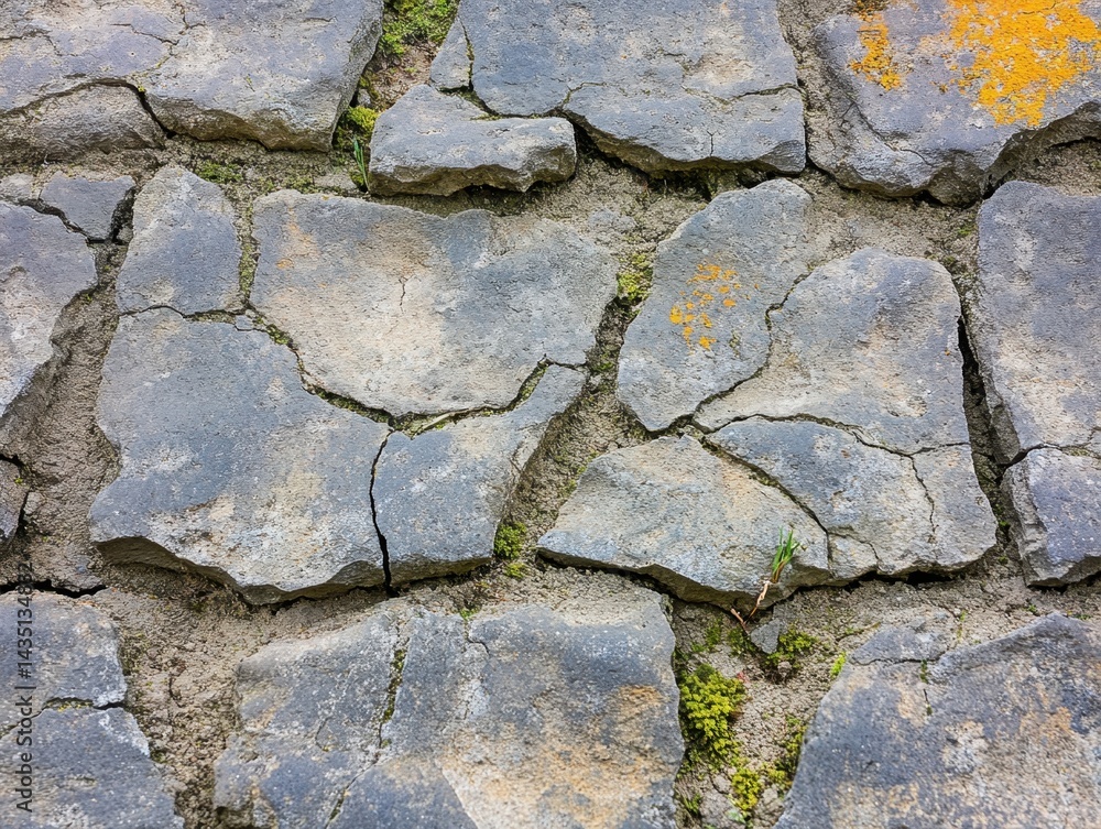 Poster close up of weathered stone wall with moss and lichen adding texture and character to the surface a 