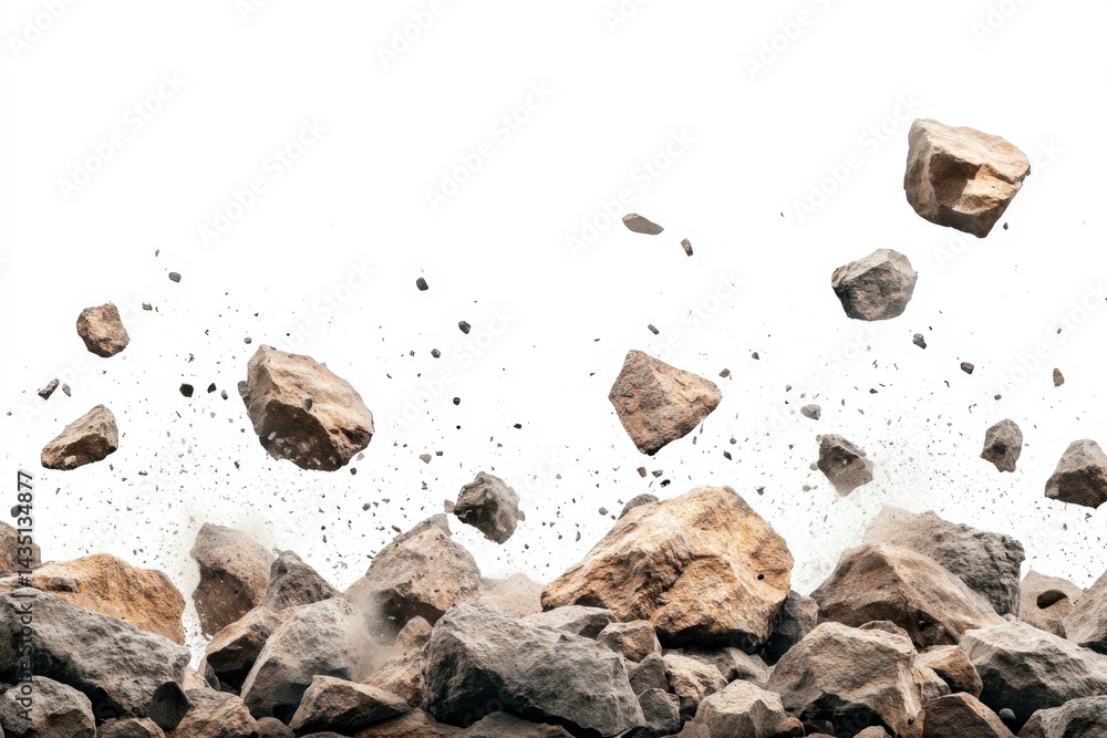 Aufkleber dynamic rock formation with floating stones against a clean white backdrop creating a sense of movem