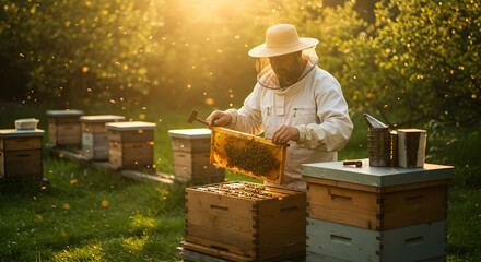 Golden Honey Harvest A Beekeeper Tends to Hives in Warm Sunlight Extracting Sweet Nectar from Honeycombs