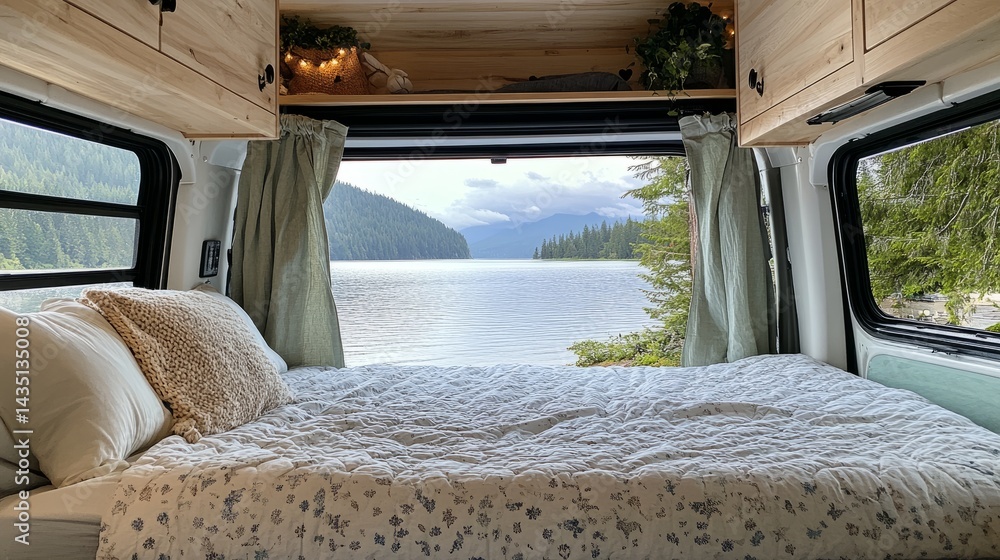 Poster inside a camper van featuring a simple bed layout and open window with curtains framing a beautiful 