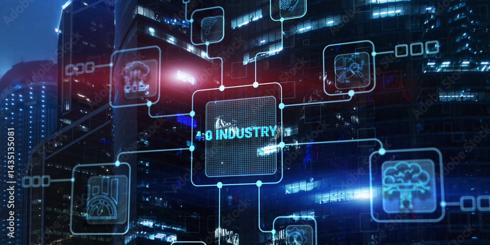 Poster industry 4.0 smart technology concept. automated machinery controlled via internet network
