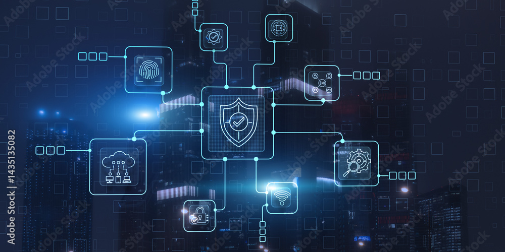 Poster data cyber security system shield protection verification icon