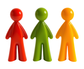 Three plastic person figures isolated on transparent background