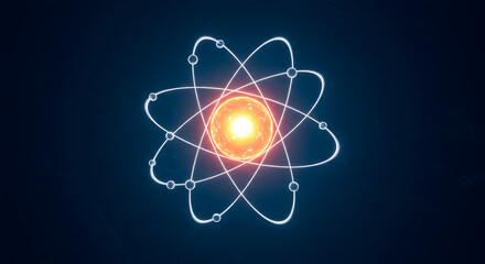 Glowing Atom Model with Electrons Orbiting around the Nucleus on Dark Blue Background
