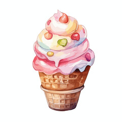 close up of melting ice cream cute watercolors illustration on white background