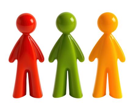 Three plastic person figures isolated on transparent background