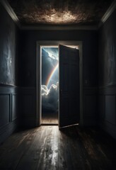 Fototapeta premium Dark Room with Open Door to Bright Sky and Rainbow, Hope and Escape Concept, Surreal Dreamlike Scene