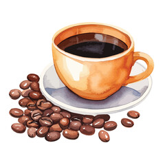 coffee cup with coffee beans around_it cute watercolors illustration on white background