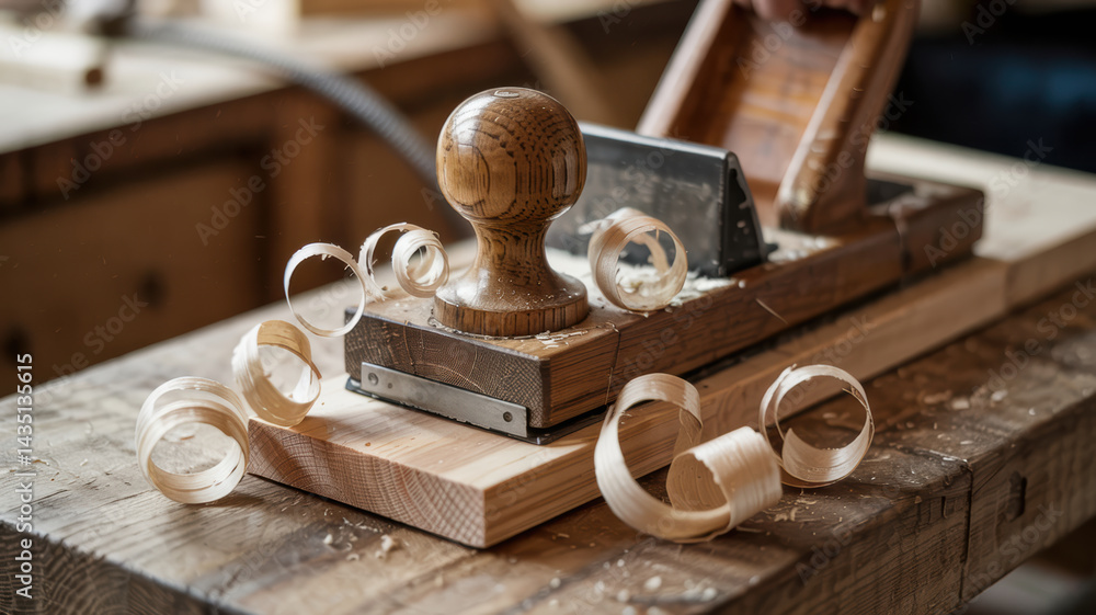 Poster woodwork shavings curl around wooden hand plane in workshop creating warm and focused atmosphere for