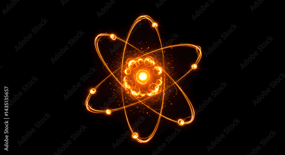 Poster glowing orange atomic model with electron orbits on dark background depicting science and physics