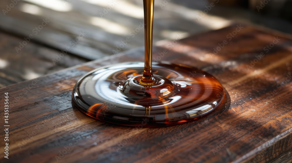 Poster dark syrup pouring on woodwork surface in workshop creating glossy texture with natural light reflec