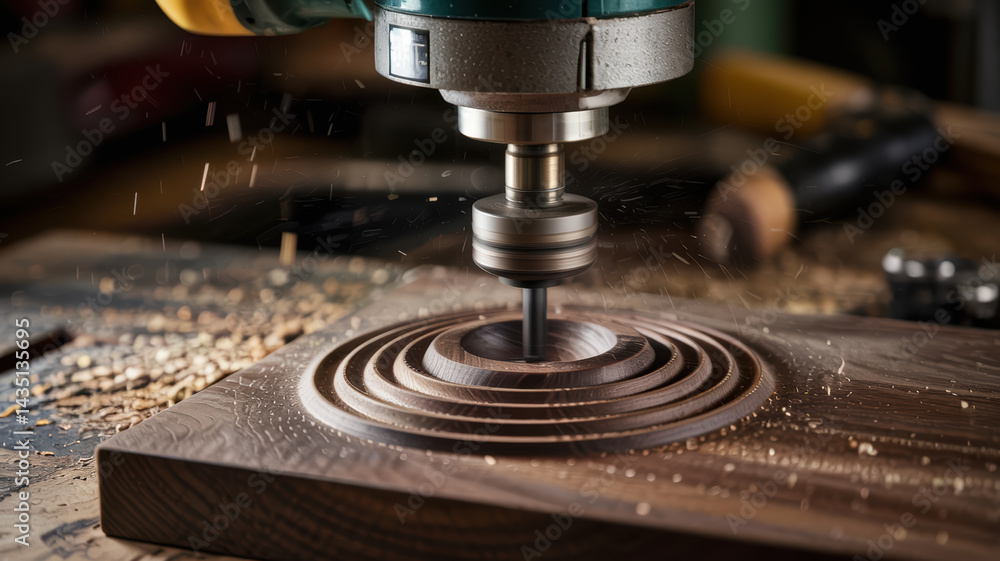 Poster woodwork in workshop is being shaped by rotary tool creating circular patterns with wood chips flyin
