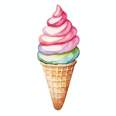 cone of rainbow sherbet cute watercolors illustration on white background