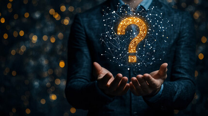 Businessman holding a question mark icon with a digital network connection in hand, a technology concept background for information data and social media marketing business