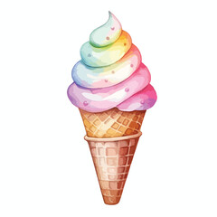 cone of rainbow sherbet cute watercolors illustration on white background