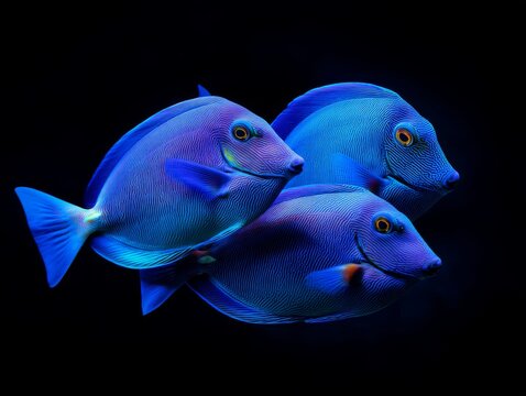 Macro shot of three different tropical fish species - yellow butterflyfish, purple queen angelfish and striped sergeant major - floating in void black space