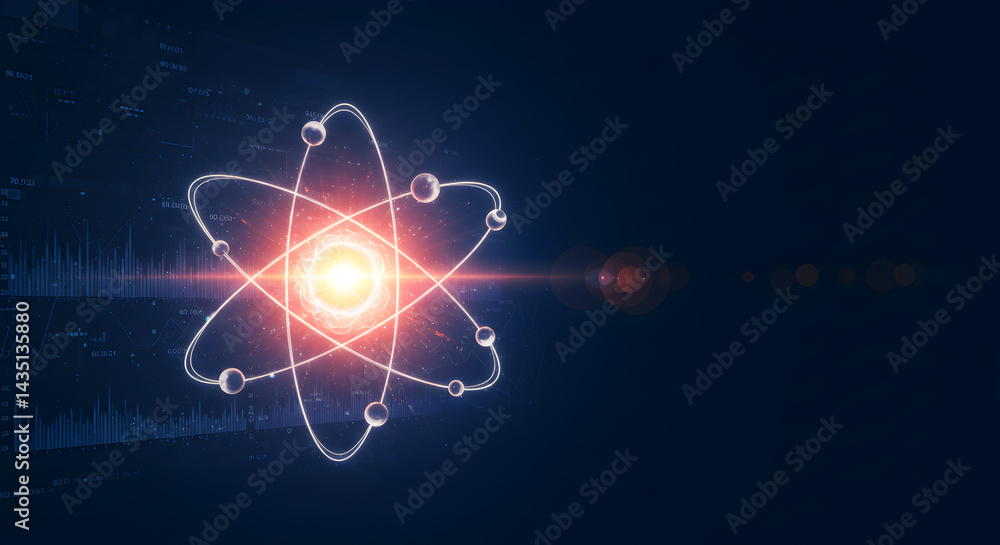Poster glowing red and white atom structure on dark blue background demonstrating scientific and technologi