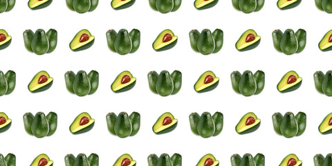 Ripe avocado pattern showing whole and halved fruits on white background