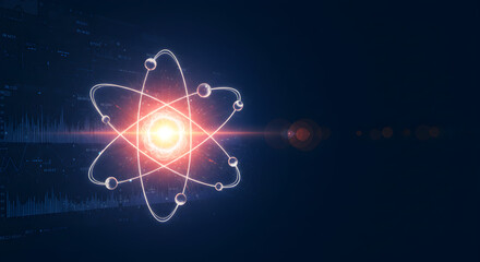 Glowing Red and White Atom Structure on Dark Blue Background Demonstrating Scientific and Technological Concepts with Flare