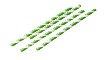 four twisted paper straws. predominantly green with white spirals. arranged parallel to each other on a white background these eco-friendly straws are often used as an alternative to plastic straws. p